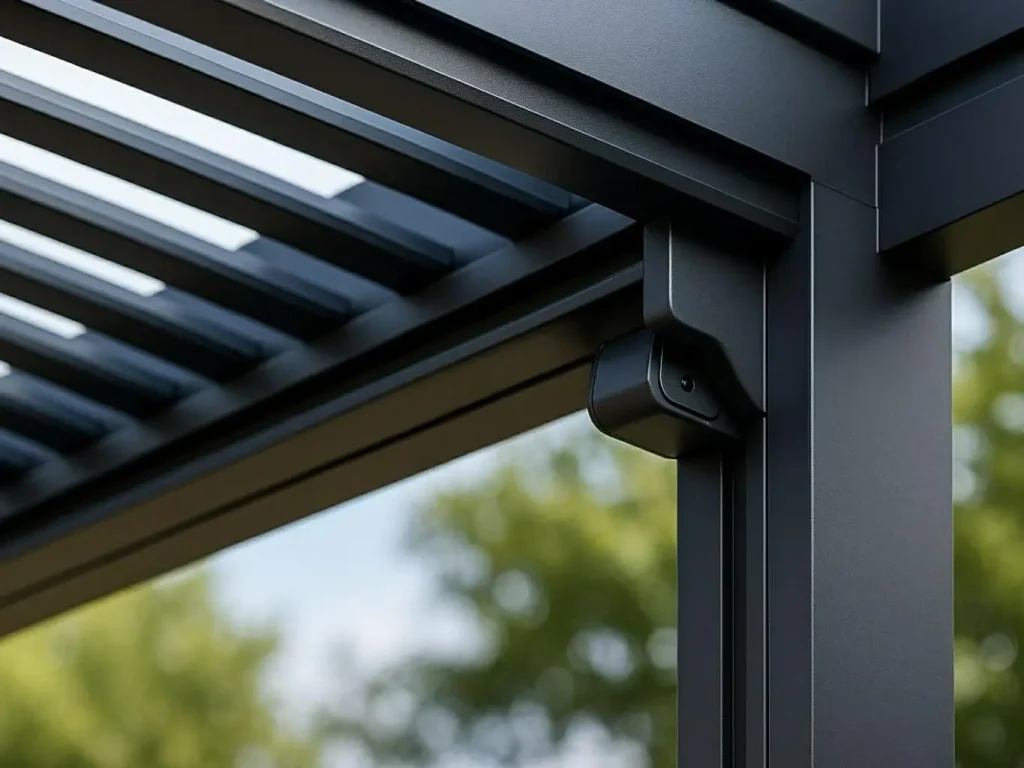 Adjustable aluminium louvered roof blades showing open and closed positions on a motorized pergola