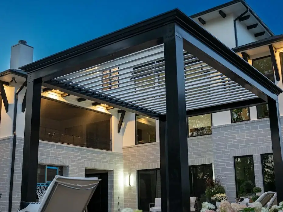 Attached aluminium louvered pergola creating a seamless indoor-outdoor living connection