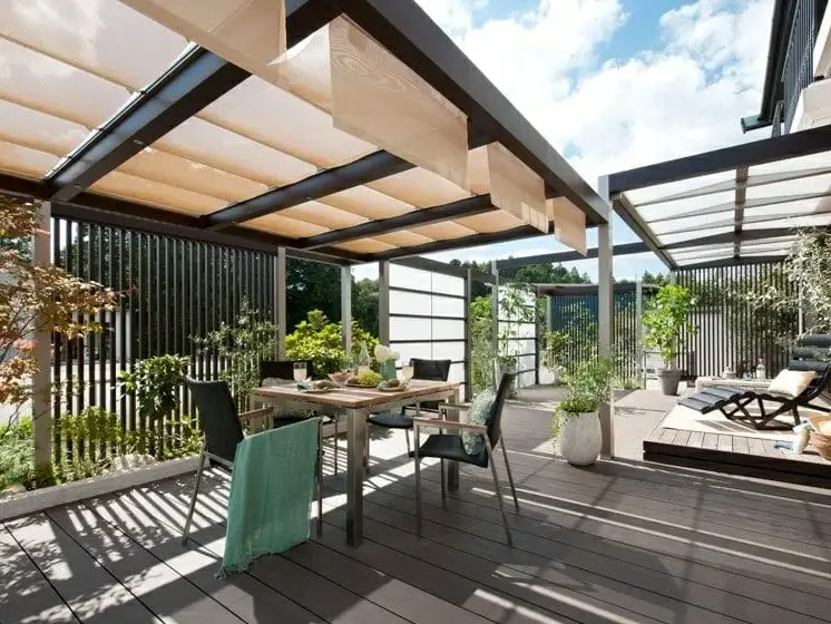 Finished modern garden seating area with outdoor structure