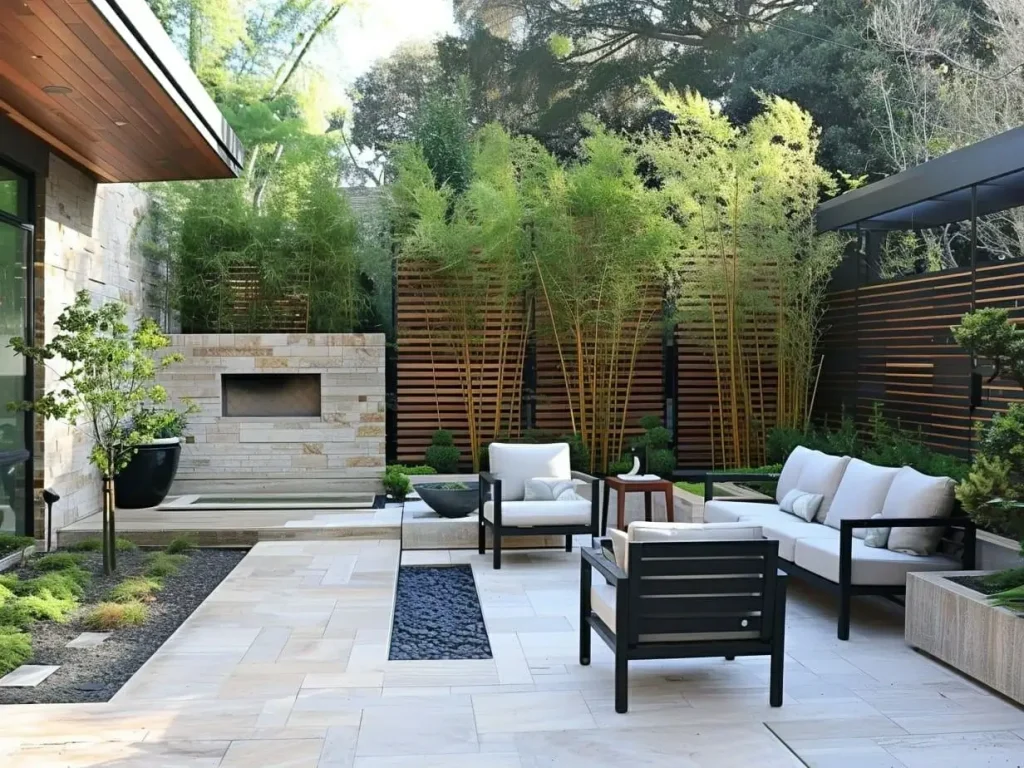 Garden seating area with lighting shade and privacy screen