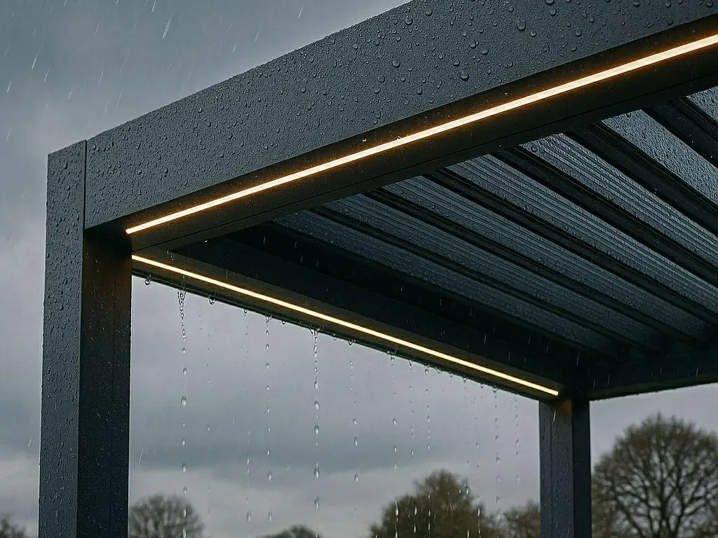 Louvered pergola roof with integrated gutter system providing effective rainwater drainage