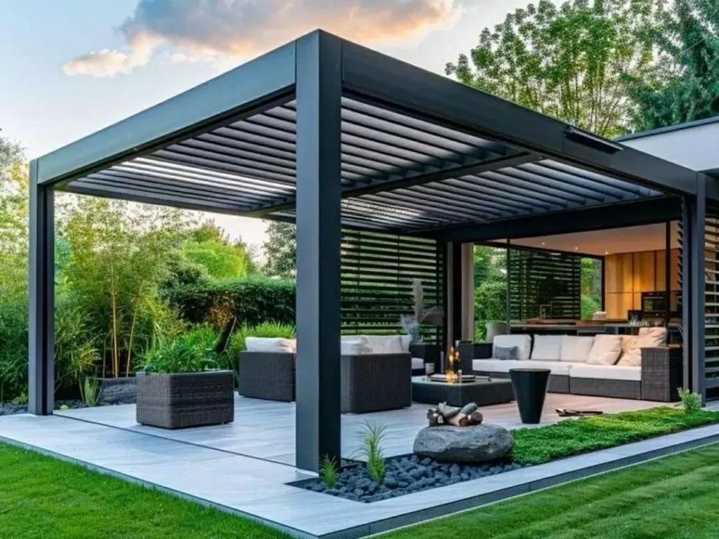 Modern aluminium louvred pergola with an adjustable louvered roof in a contemporary outdoor living space