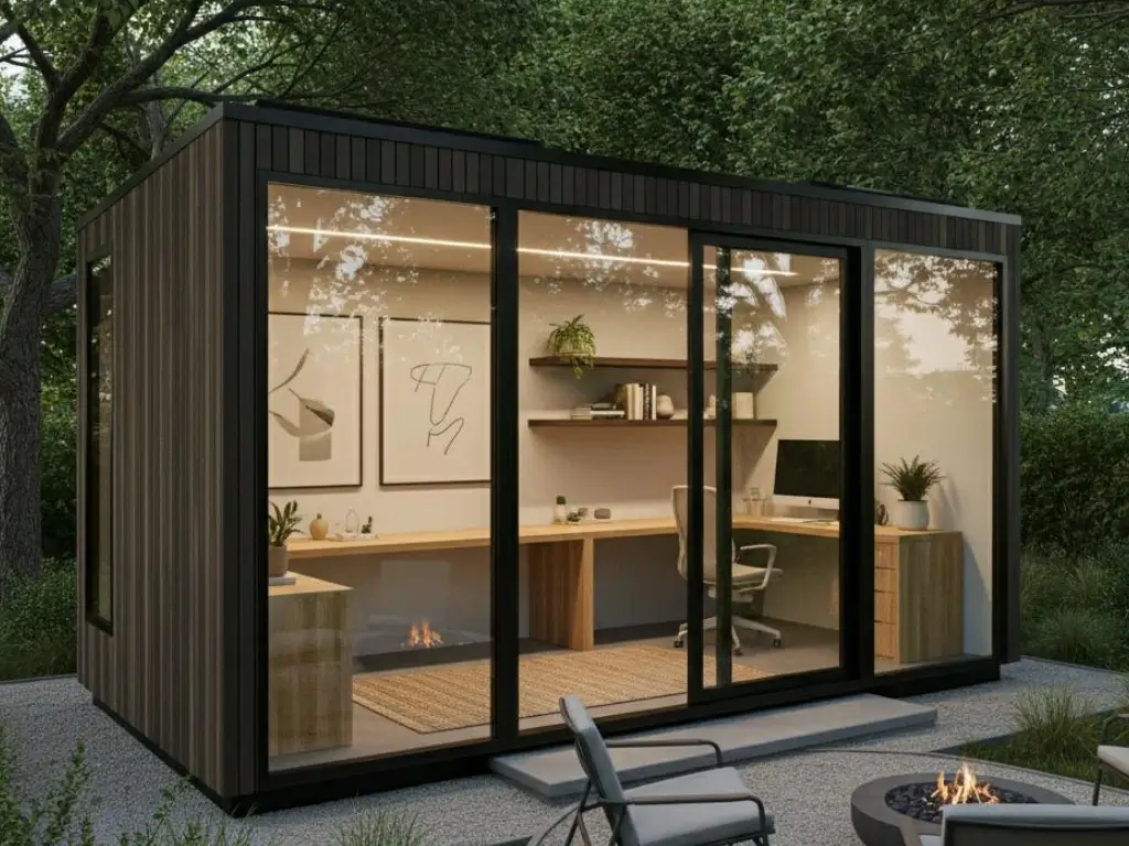 Modern home office pod installed in backyard garden for remote work setup