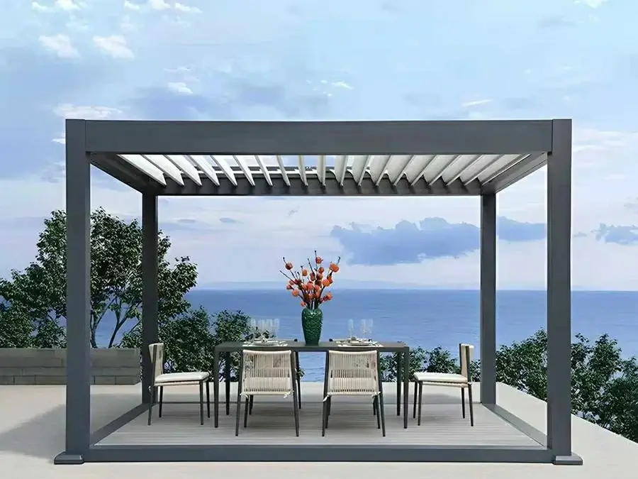 Motorized louvered pergola improving garden seating comfort