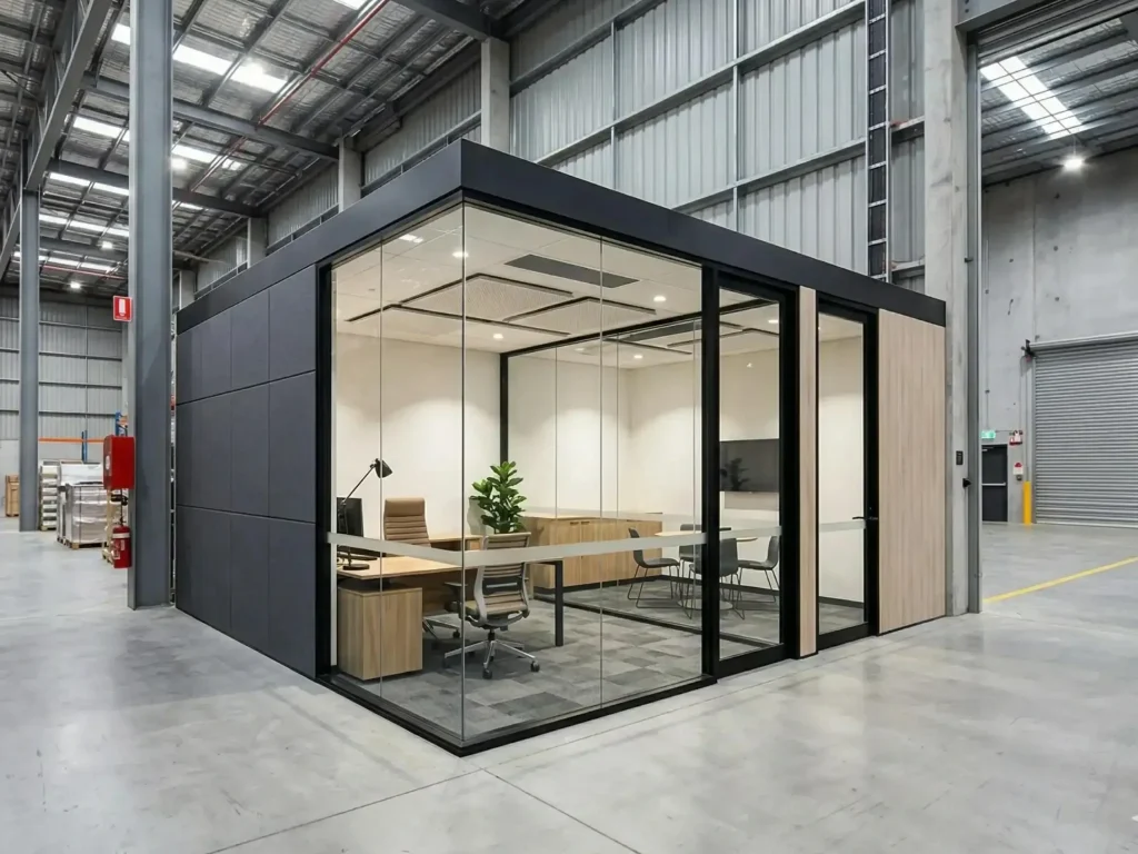 Modular office pod installed inside a warehouse for supervisors and logistics teams