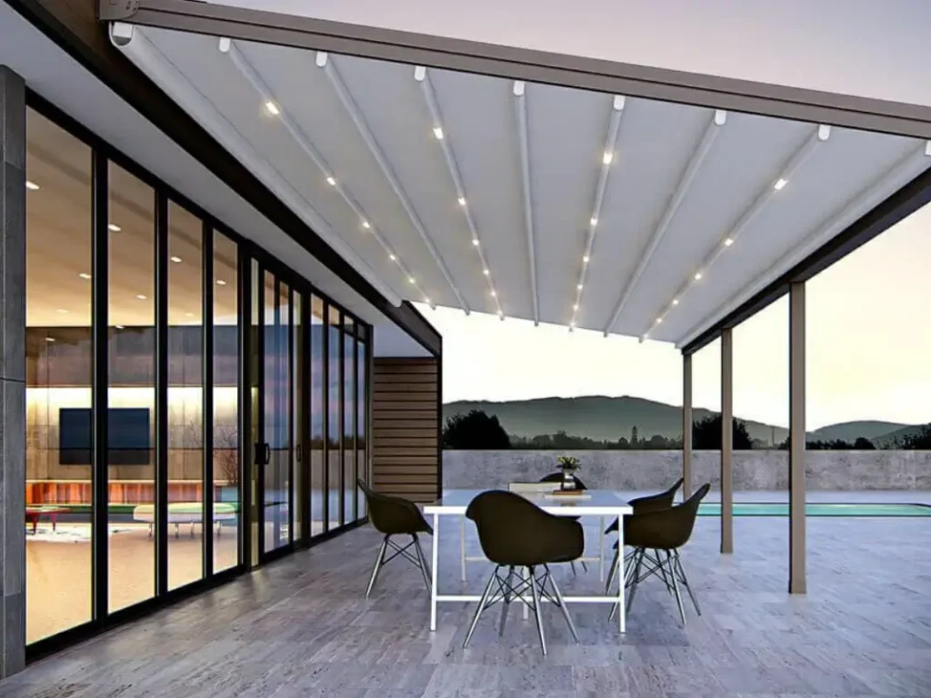 Retractable pergola system creating flexible outdoor patio coverage