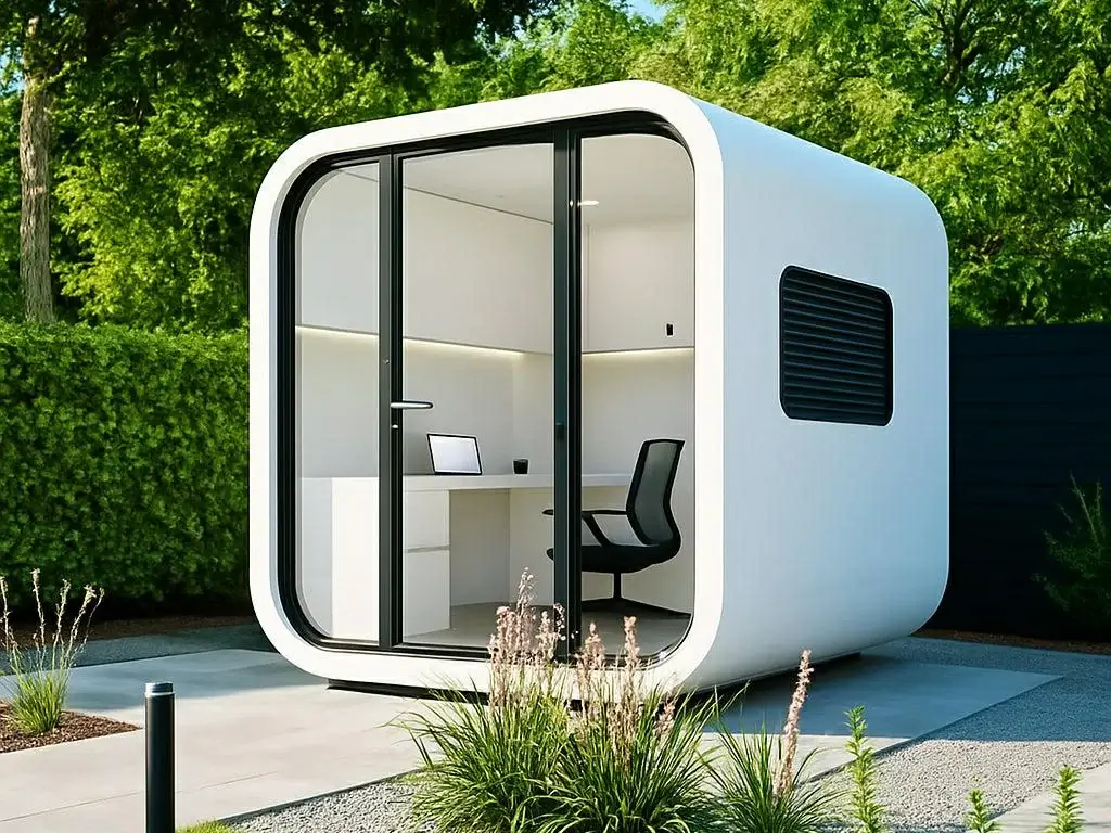 Acoustic outdoor office pod designed for private calls and focused work