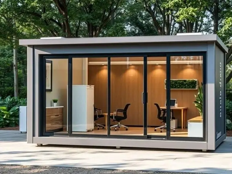 Completed outdoor office pod providing a flexible modular workspace solution for businesses