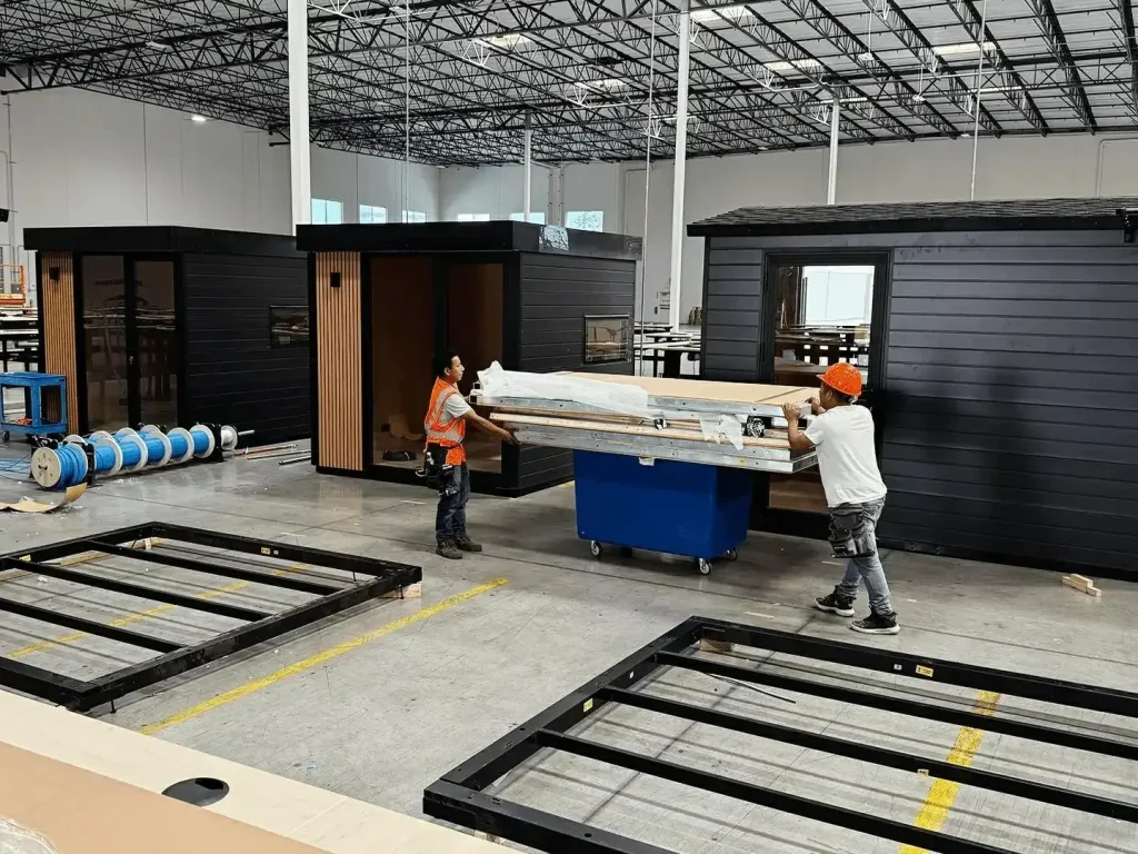 Modular outdoor office pod manufacturing process in a professional factory