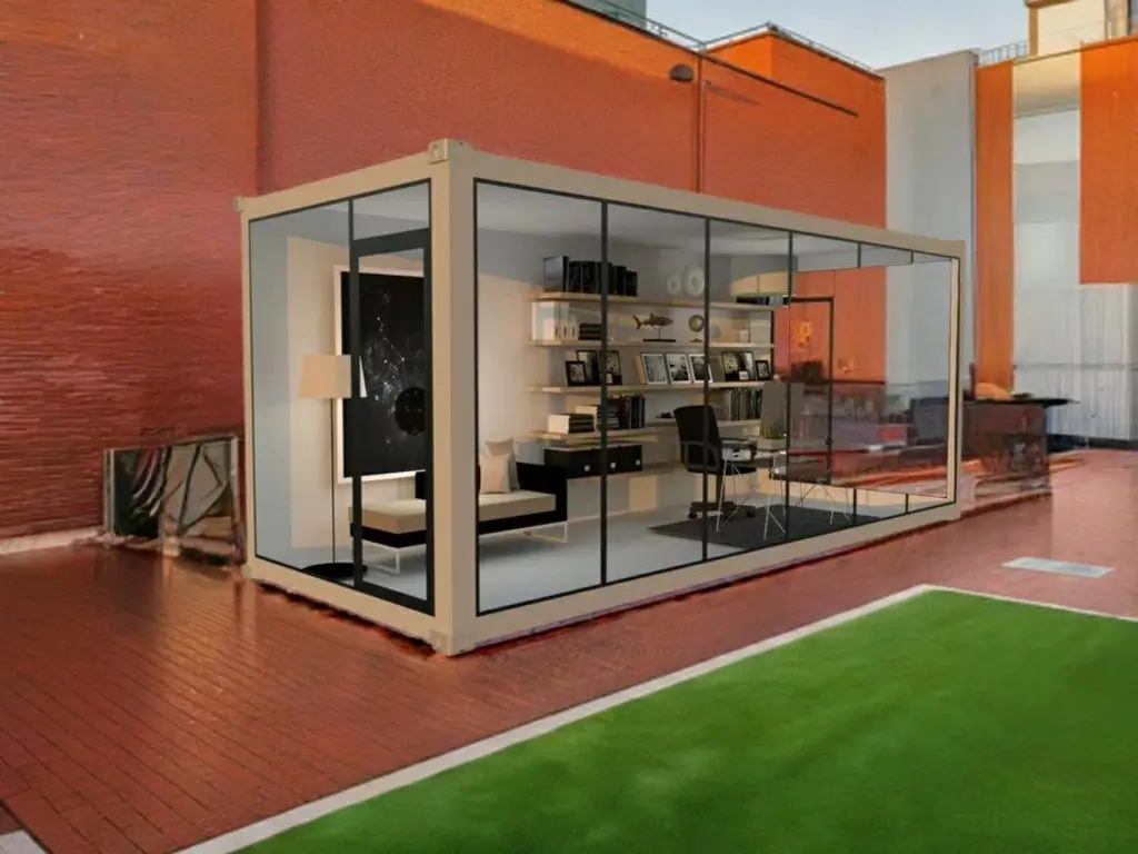 Weather resistant outdoor office pod with durable exterior structure and sealed construction
